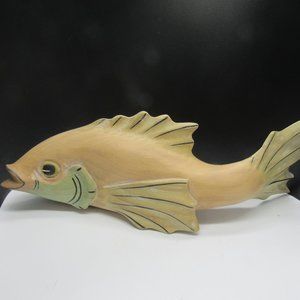 WOODEN FISH, HAND CARVED.  APPROX. 14 X 5 INCHES.